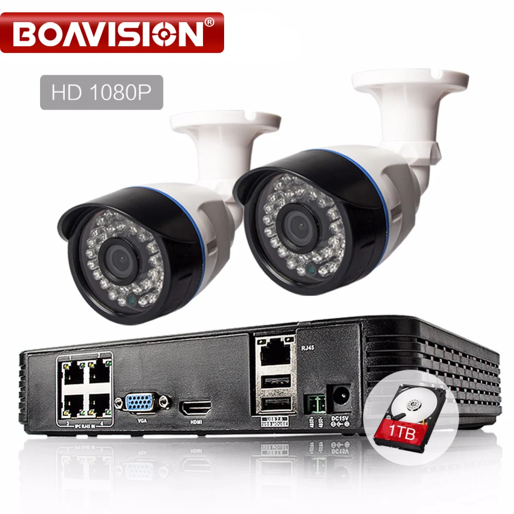 

BOAVISION 4 Channel 15V PoE Kit Surveillance System IP Camera 1080P CCTV System 2PCS 2.0MP PoE IP Camera + 4CH 1080P POE NVR