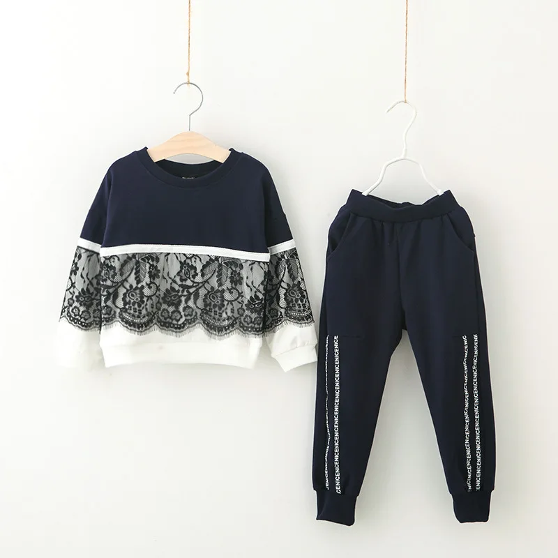 

2018 Children Clothing Sets 2pcs Girls Lace Tracksuits Sporting Suits for Baby Girls Kid Autumn Winter Suit Clothes 3 Years- 10T