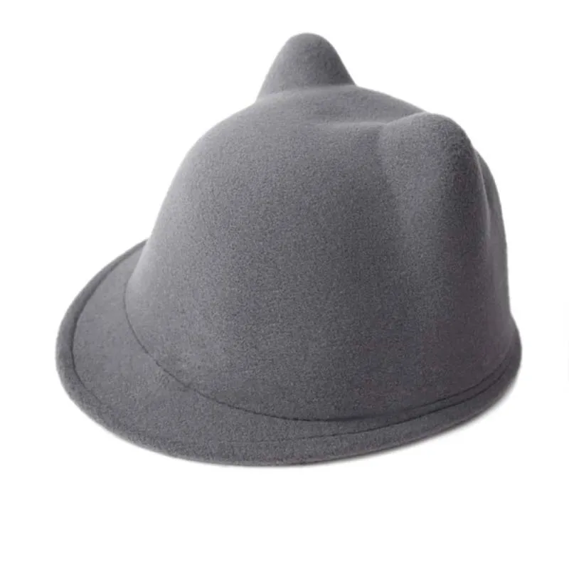 Зимняя фетровая шляпа с кошачьими ушками для девочки, мальчика, ребёнка, Детская кепка Дерби котелок - Цвет: Gray