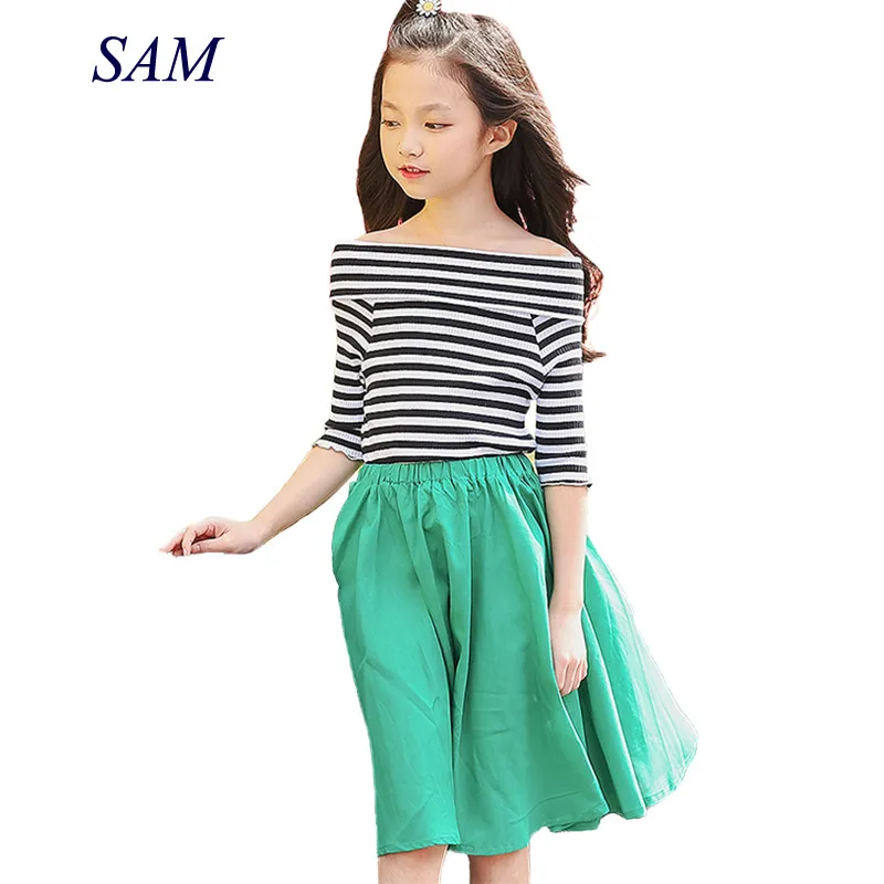 

Girls new summer cute dress 2019 big children princess striped dresses shoulderless stitching fake two dress kids clothes
