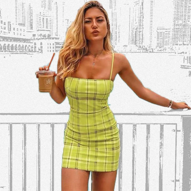 

new 2019 sexy slim fit strappy skinny dress female sleeveless retro plaid summer dress short casual sling dress women S-L