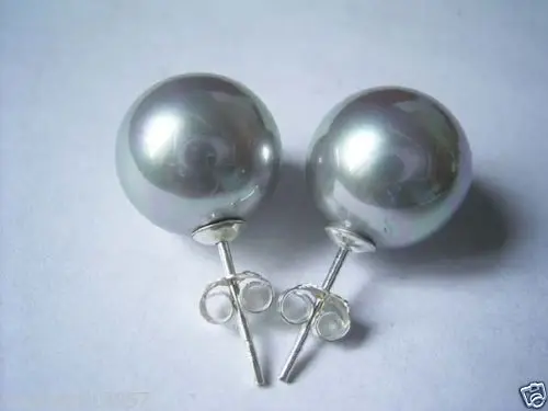 

charming 10mm round grey south sea shell Pearl Earrings silver stud