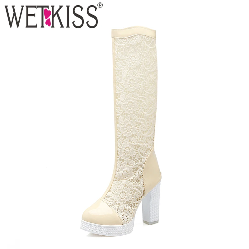 

WETKISS 2018 Thick High Heels Women Boots Round Toe Platform Zip Lace Footwear Antumn Fashion Knee High Boots New Female Shoes