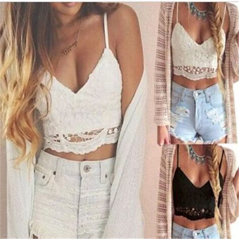

2019 new sexy lace openwork sling top V-neck black and white short sling
