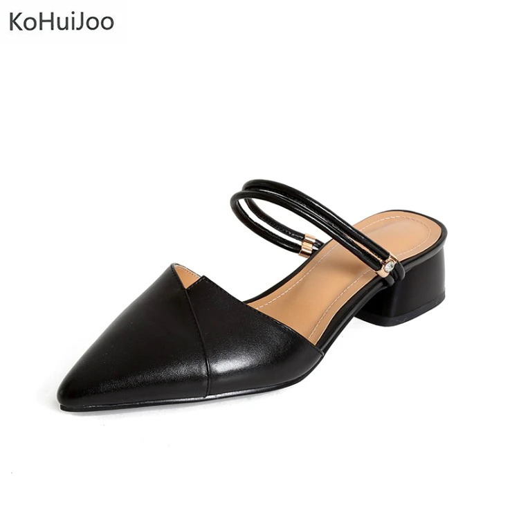 

KoHuiJoo Genuine Leather Black Sandals Womens Shoes Fashion 2018 Summer Beige Red Chunky High Heels Pointed Toe Women Slides