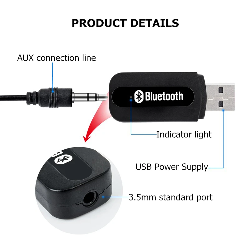 Bluetooth приемник A2DP ключ один музыкальный аудио приемник беспроводной USB адаптер для автомобиля AUX Android/IOS мобильный телефон 3,5 мм разъем