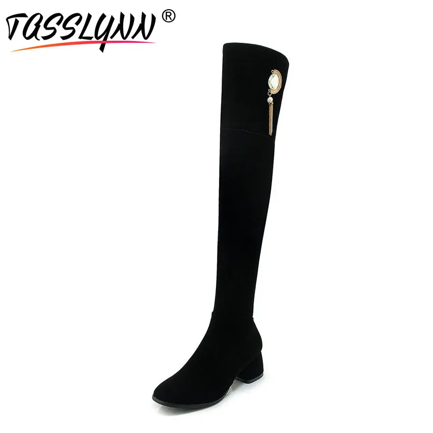 

TASSLYNN 2018 Women Boots Square High Heels Winter Shoes Women Over The Knee Boots Short Plush Zipper Woman Boots Big Size 34-43