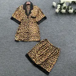 Пикантные 2 шт. футболка с коротким рукавом и Шорты, одежда для сна, леопардовая Пижама комплект домашней одежды Для женщин ночное белье
