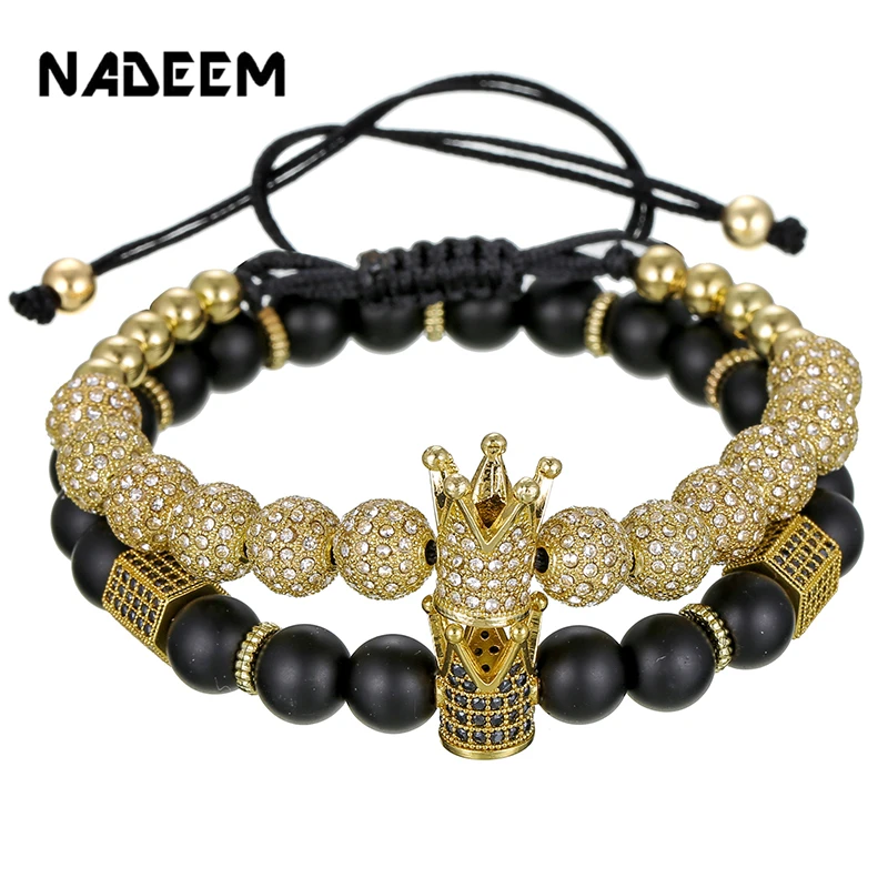 

2Pca/Set Pave CZ Ball Hexagon Crown Charm Braiding Macrame Black Matte Stone Beadd Bracelet Set Luxury Jewelry Pulseira Bileklik