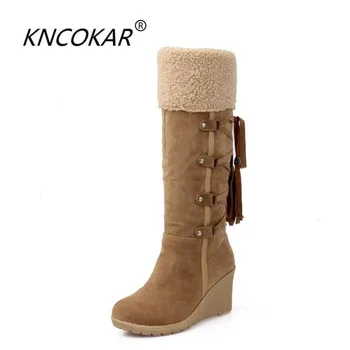 

KNCOKAR Winter 2018 warm high boots Lace-up tassel wedge boots for womenLarge size 35-43