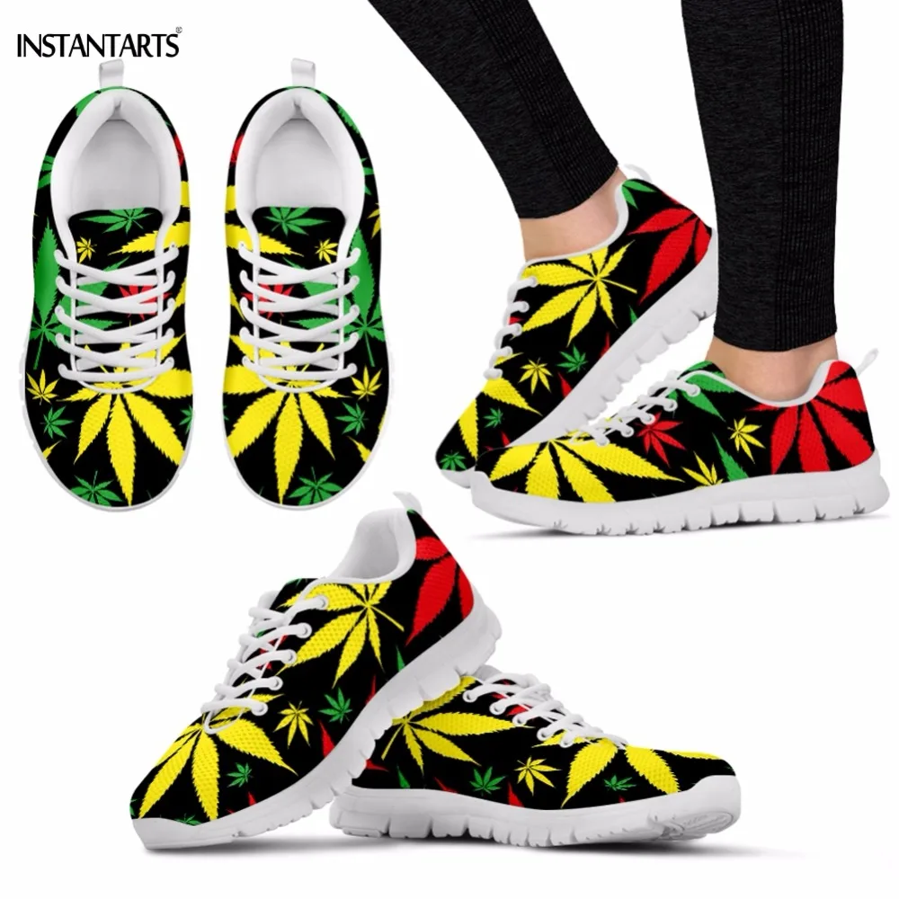 INSTANTARTS/разноцветные ямайские кроссовки из конопляной ткани с узором «листья сорняков» для женщин и мужчин; дышащие легкие мокасины для взрослых; спортивная обувь