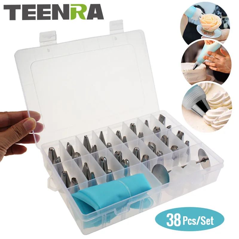

TEENRA 38Pcs/set Russian Nozzles Cake Russian Piping Nozzles Pastry Tips Silicone Bag Nozzles Rose Cake Decorating Tools