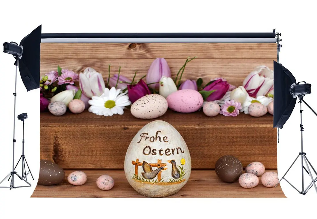 

Happy Easter Eggs Backdrop Blooming Fresh Flowers Rustic Wood Plank Nature Spring Frohe Ostern Background
