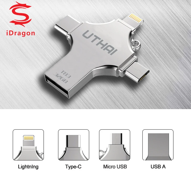 USB флеш накопитель UTHAI T83 4 в 1 Type c/Lightning/Micro USB/USB 2 0 для iPhone 7 Plus 6 5 металлический 64 ГБ 32