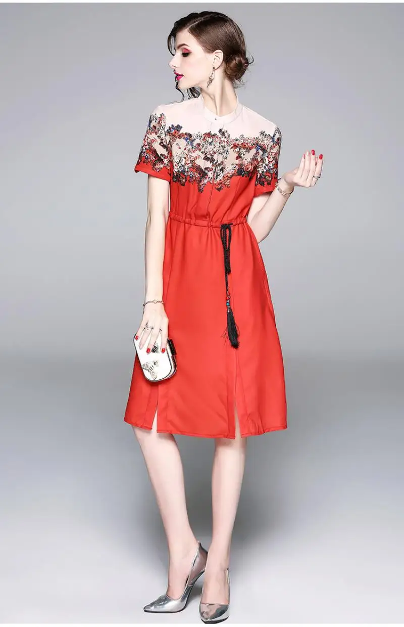 2018 New Autumn European Fashion Print dress Vintage Floral Print Patchwork Short Sleeve Casual Dress With Beaded Belt