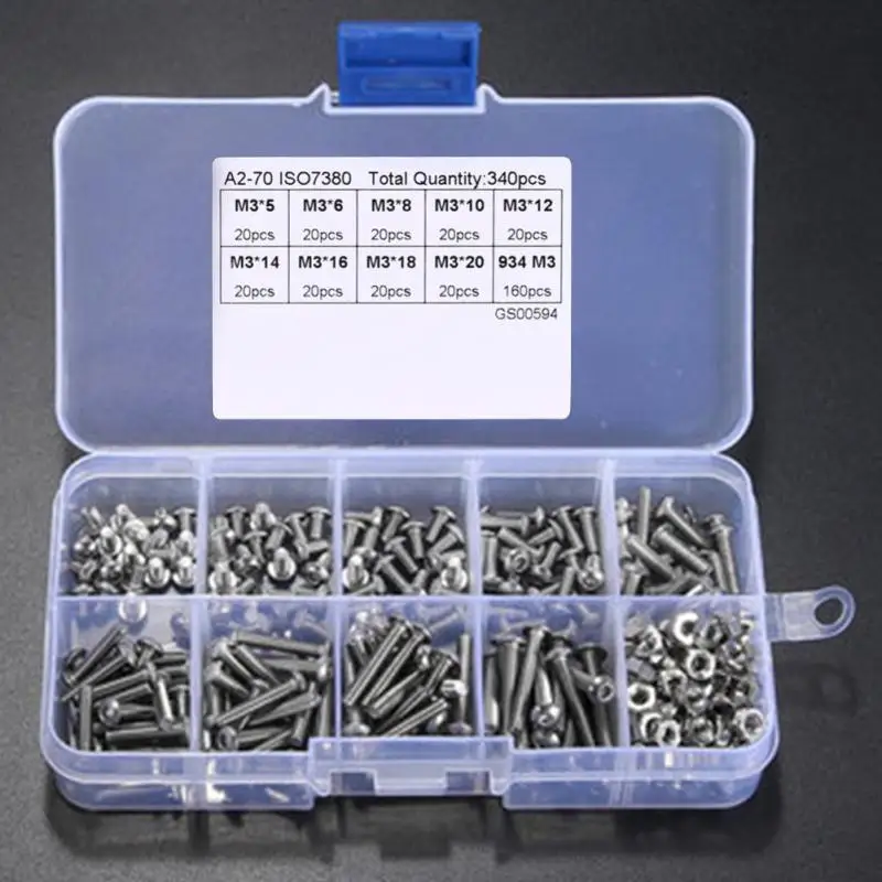 

new 340pcs/lot M3 Stainless Hex Socket Button Head Screws Bolt Nut Assortment Kit Hardware Fasteners Nut Bolt Sets #104