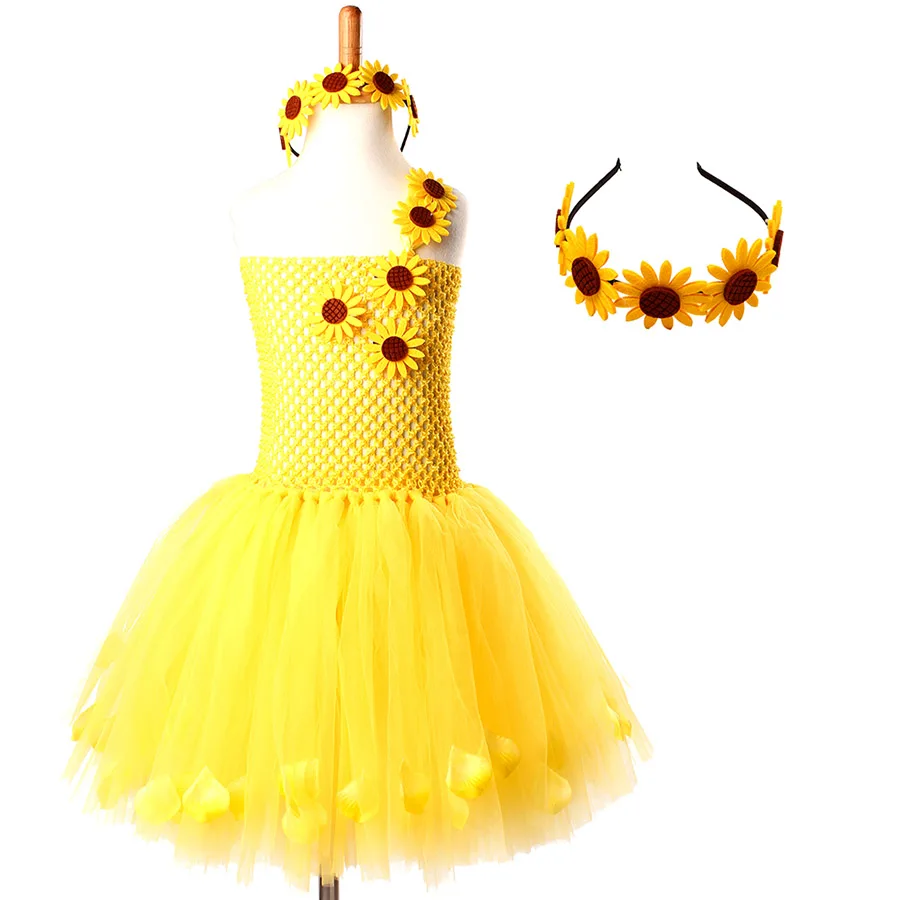 Baby Girls Sunflowers Summer Tutu Dress with Hair Hoop Kids Princess Yellow Tulle Costume (15)