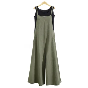 

Women Cotton Linen Jumpsuits Casual Loose Solid Straps Pockets Romper Dungaree Bib Overalls Loose Long Wide Leg Pants Plus Size