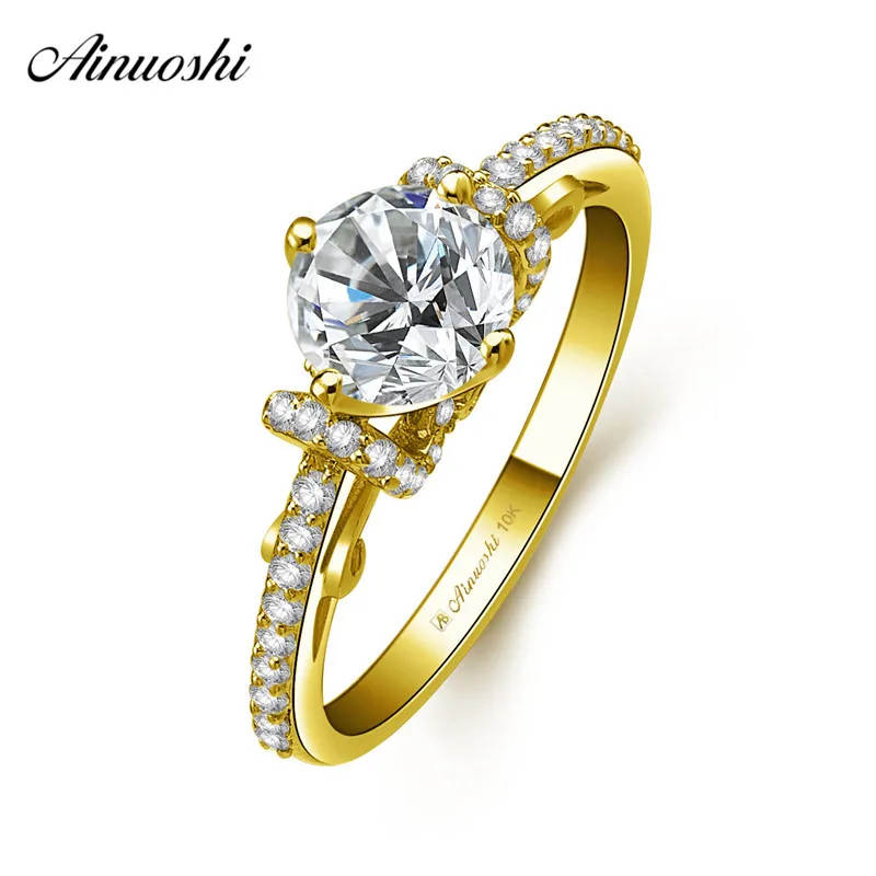 

AINUOSHI 10k Solid Yellow Gold Bridal Ring 4 Prongs 1ct Round Cut SONA Diamond Wedding Engagement Jewelry Shinning Flower Bands