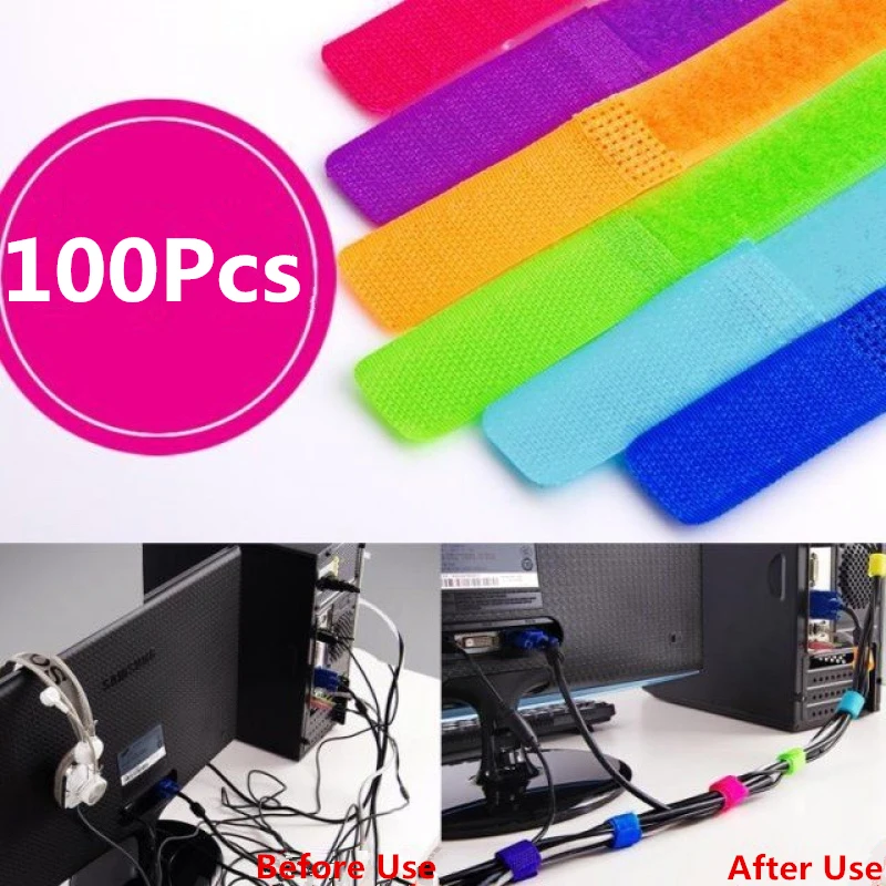 

100Pcs Multicolor Fastener Reusable Magic Tape Power Wire Loop Tape Nylon Cable Ties 2cm*17.5cm