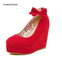 New High Heels Bow Flock Flower Canvas Handmade Women Shoes Red and Black Casual Shoes Elegant Woman Party Wedges Shoes