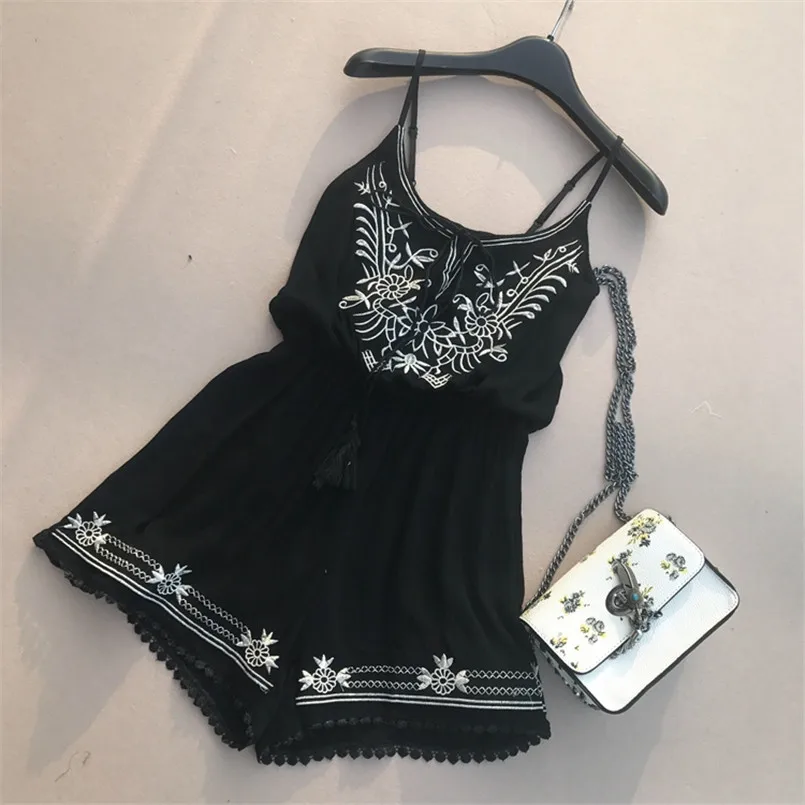 

Boho 2019 Embroidery Jumpsuit Casual Spaghetti Strap Sexy Women Tie Playsuit Summer Lace Patchwork Beach Overalls Holiday Romper
