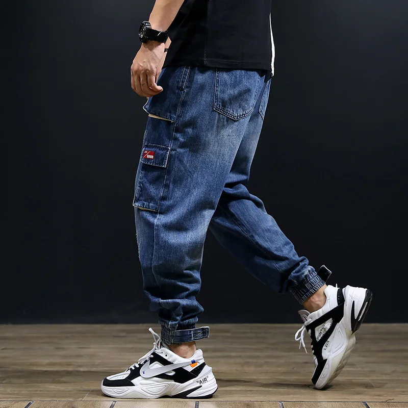 Fashion Streetwear Men Jeans Blue Color Loose Fit Multi-Pockets Cargo Pants Slack Bottom Harem Trousers Hip Hop Jogger Jeans Men