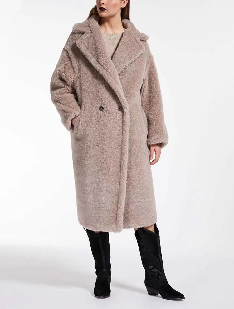 Лидер продаж, женские шерстяные пальто, длинные, Шерсть альпака размера плюс, пальто, зимняя свободная кашемировая верхняя одежда, толстая и теплая