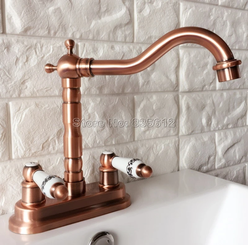 Us 64 99 35 Off Red Copper Deck Mounted 2 Hole Bathroom Wash Basin Faucet Dual Ceramic Lever Hot And Cold Water Mixer Vessel Sink Taps Wrg045 In