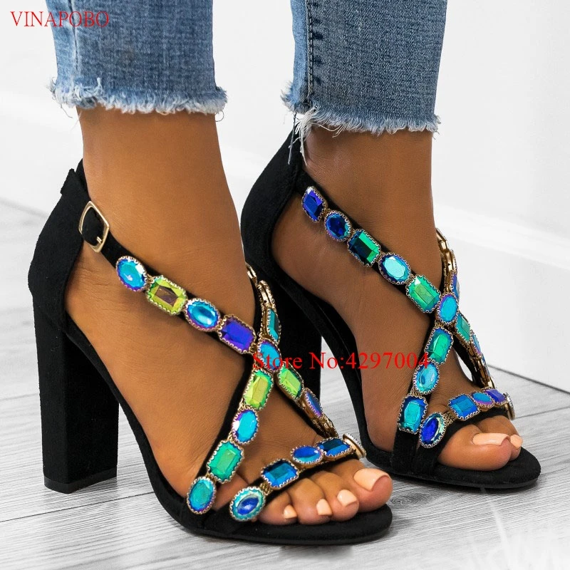 

VINAPOBO Bling Bling Crystal Chunky Heel Sandals Fluorescent Silver Green Snake print Wedding Shoes Glittering Rhinestone Pumps