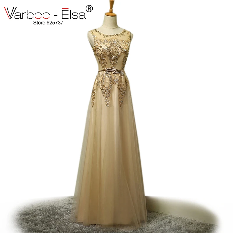VARBOO_ELSA Real Photo Sheer Neckline Elegant Evening Dresses Pearl Beading Sparkly Long Gold Prom Abendkleider 2018 | Свадьбы и