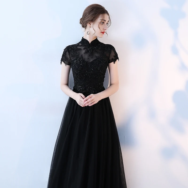 Unique Dark Navy Evening Dresses Long 2019 New Sexy Black Party Evening Gowns High-Neck Tulle Beading Formal Dress High Quality