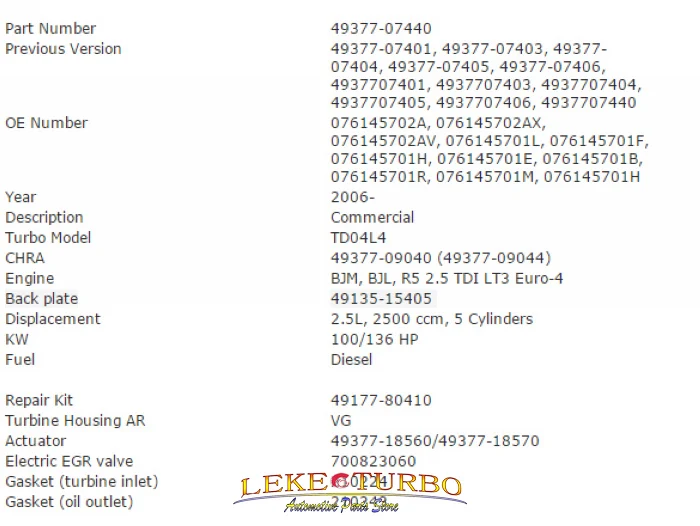 Turbo 49377-07440 Volkswagen Crafter Commercial Vehicle BJM BJL 2006- (3)