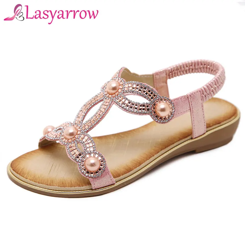 

Lasyarrow Women Ethnic Bohemia Flat Sandals Shoes Woman Rhinestone Flip Flop Beach Sandals Casual Shoes size 35-42 Black Apricot
