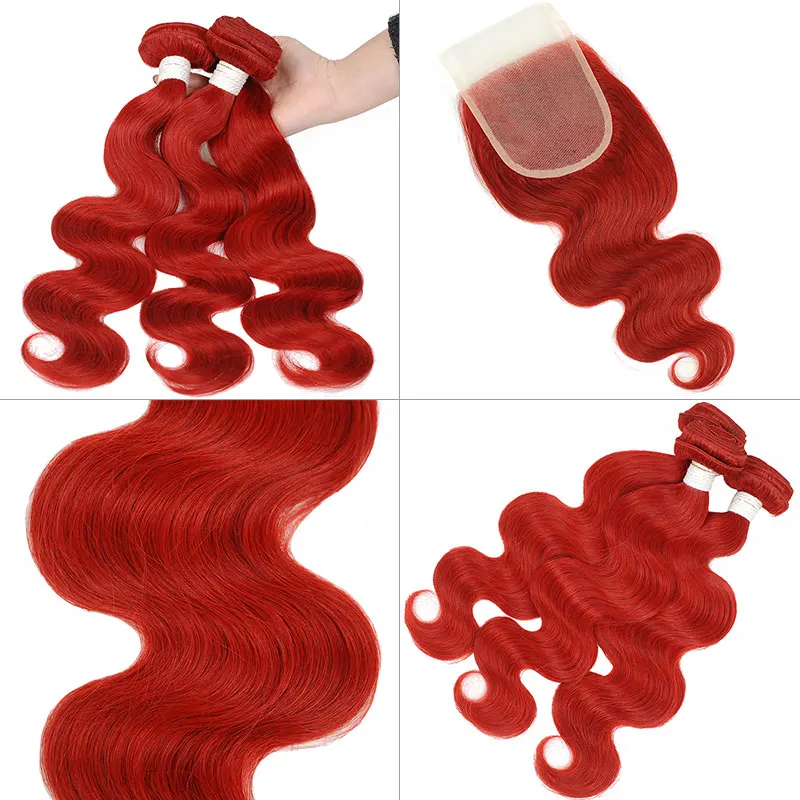 Pinshair Red Body Wave Bundles with Closure Red 99J Burgundy Bundles Peruvain Human Hair 3 Bundles with Closure Non-Remy 10-26