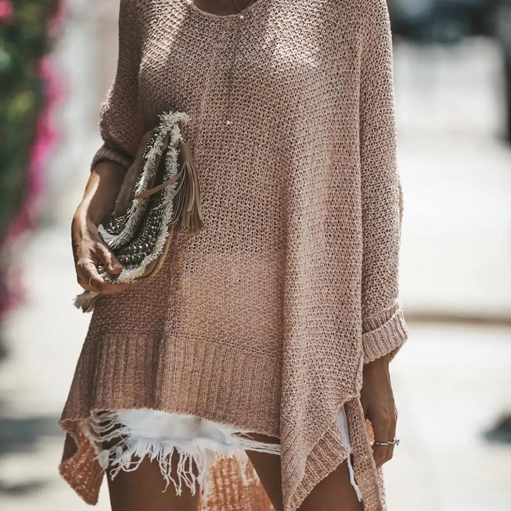 

Solid Color Long Sleeve O-Neck Slit Irregular Women's Loose Sweater Knitted Top