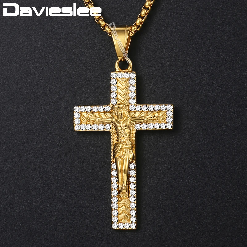 Davieslee Mens Pendant Necklace Cross Crucifix Jesus Christ Iced Out CZ