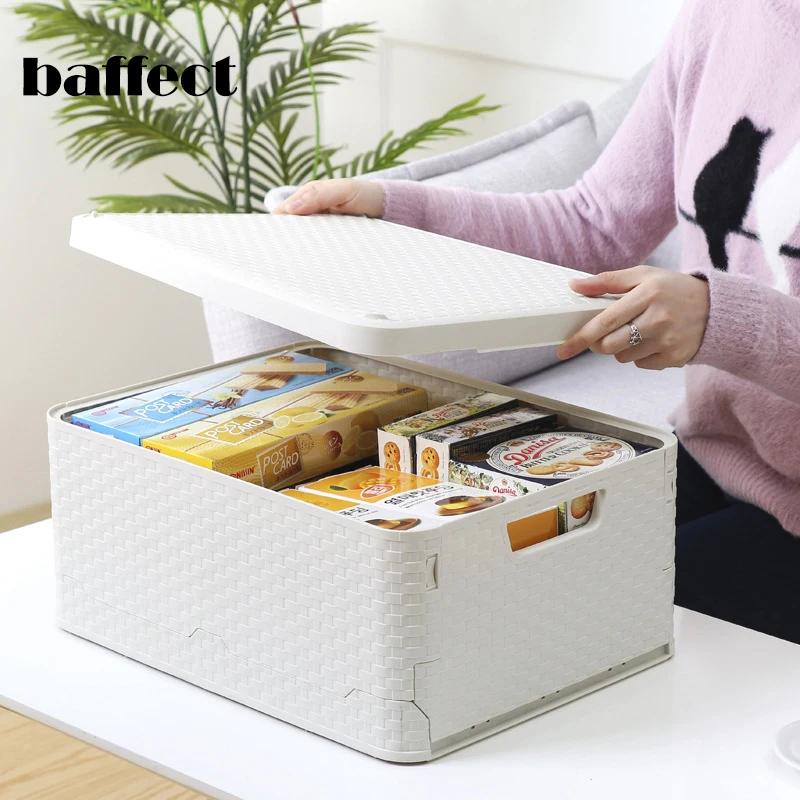 

Baffect Plastic Foldable Storage Basket Imitation Rattan Cloth Toy Book Storage Box Bedroom Wardrobe Storage Container Stackable