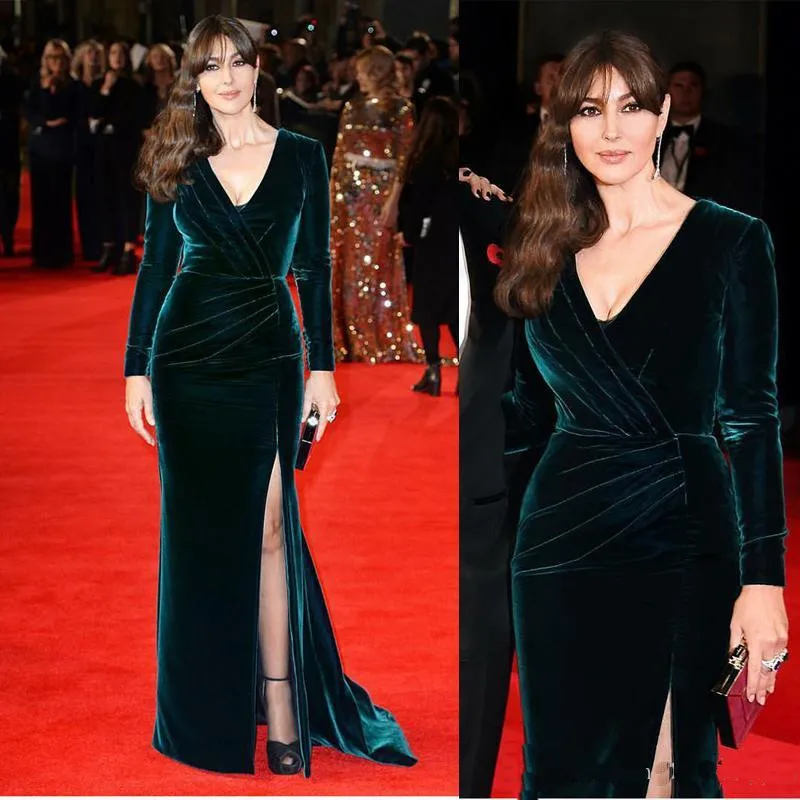 2016 celebrity red carpet dresses evening wear v neck long sleeve evening gowns ruched side split velvet vestidos de novia