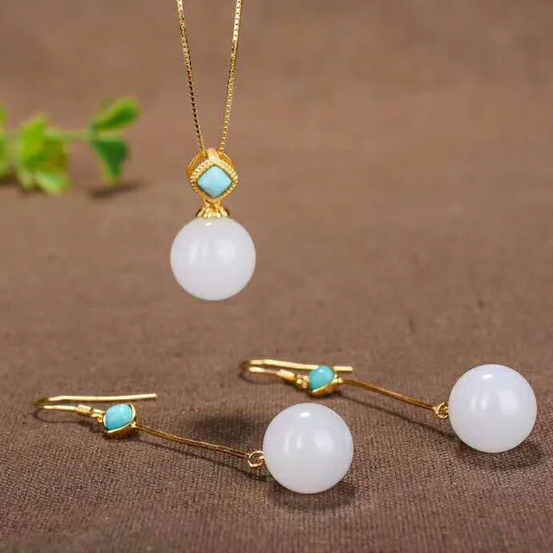 

Drop Shipping Real 925 Sterling Silver Drop Earrings Round Jade Turquoise Handmade Wedding Earrings For Women