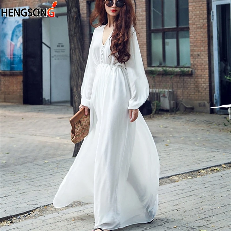 

Women Maxi Dress Sexy V-neck Long Sleeve Elegant Chiffon Dress Women Casual Bohemian White Party Dress