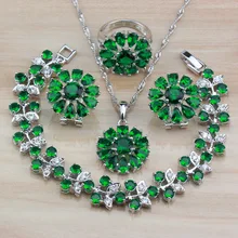 Дешевая Цветочная безделушка с натуральными Зелеными камнями CZ 925 Серебряные комплекты больших украшений Клипсы Серьги/ожерелье/браслет/кольцо для женщин