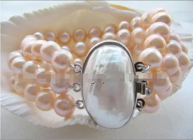 

Wholesale price 16new ^^^^ Beautiful 8" 3row 10mm natural pink round freshwater pearl bracelet