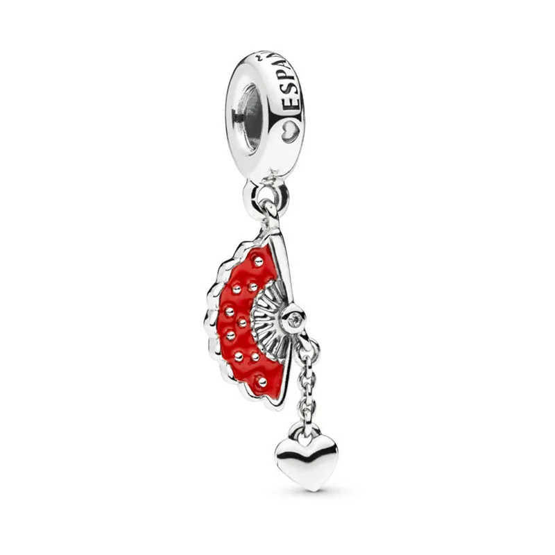 

2019 New 925 Sterling Silver Pendant Red Fan Linked with Heart Hanging Charm Fit Original Pandora Bracelet for Women DIY Jewelry