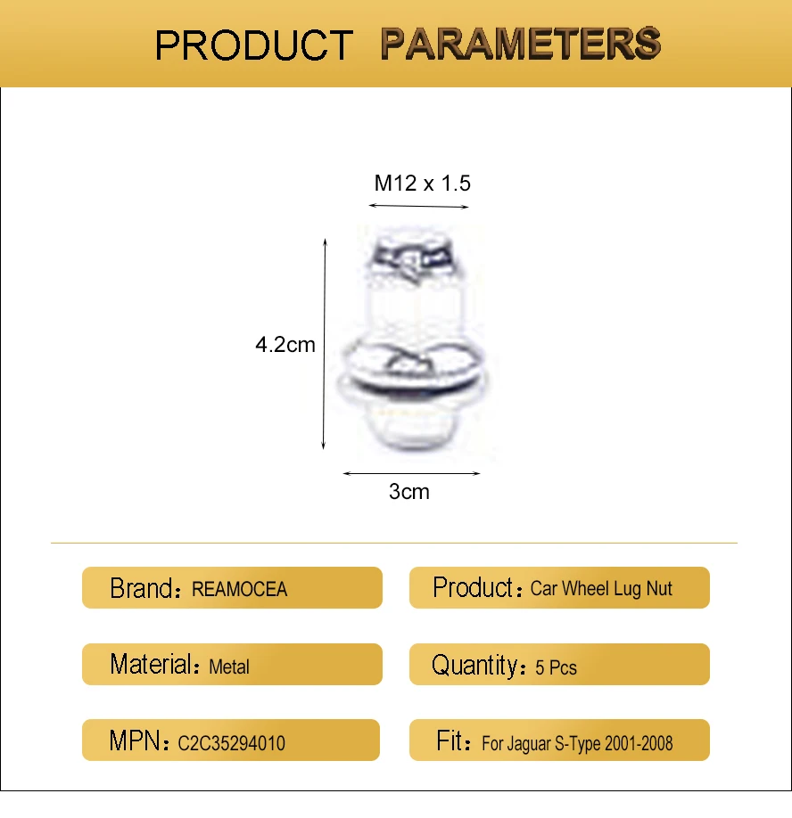 Reamocea 5Pcs C2C35294010 M12 x 1.5 Standard Metal Car Wheel Lug Nuts For Jaguar S-Type X-Type XJ8 XJR for Jaguar XF 2009-2011 (13)