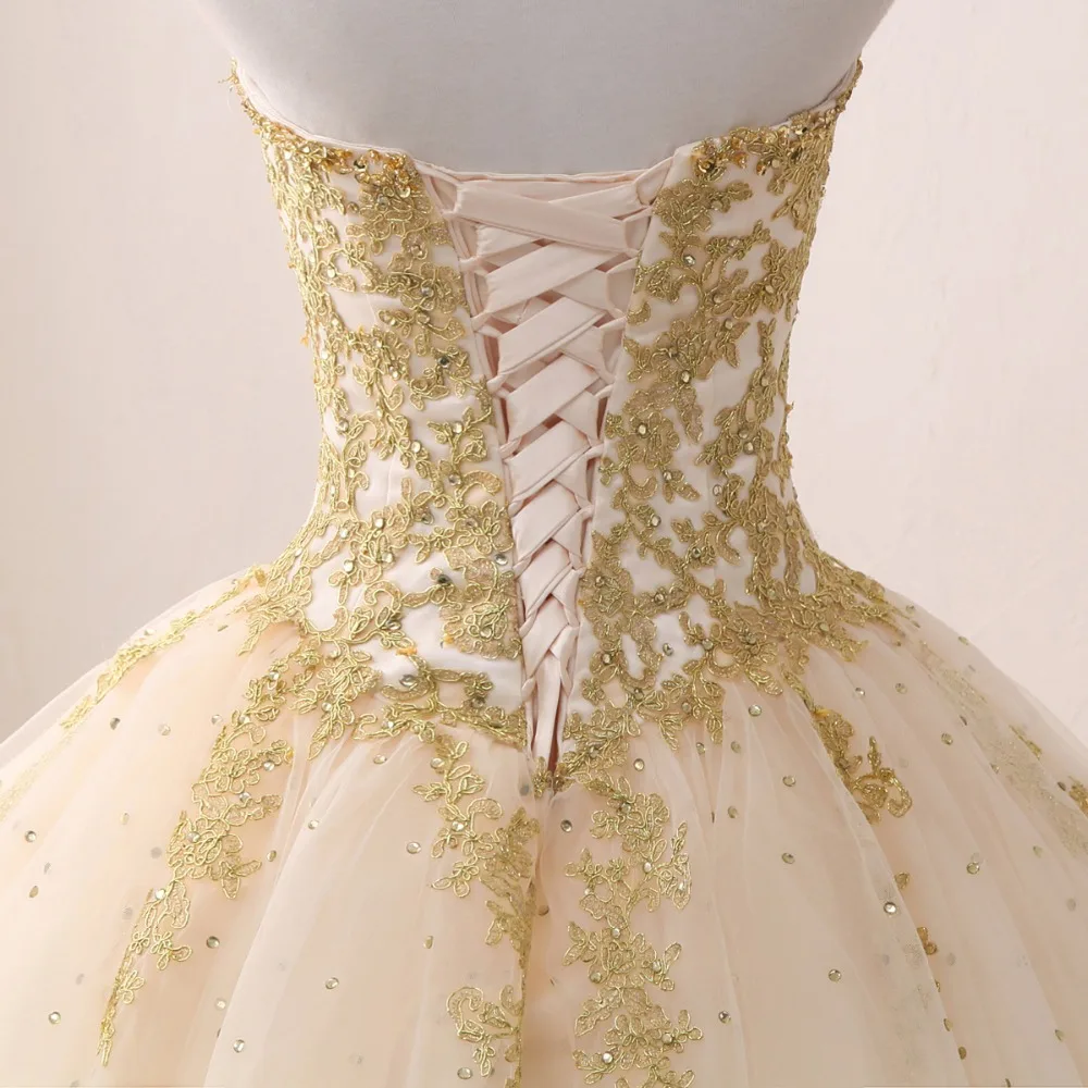 Robes de Quinceanera dorées avec appliques en dentelle, robe de Rhperlée, robe éducative sans bretelles, 15 ans