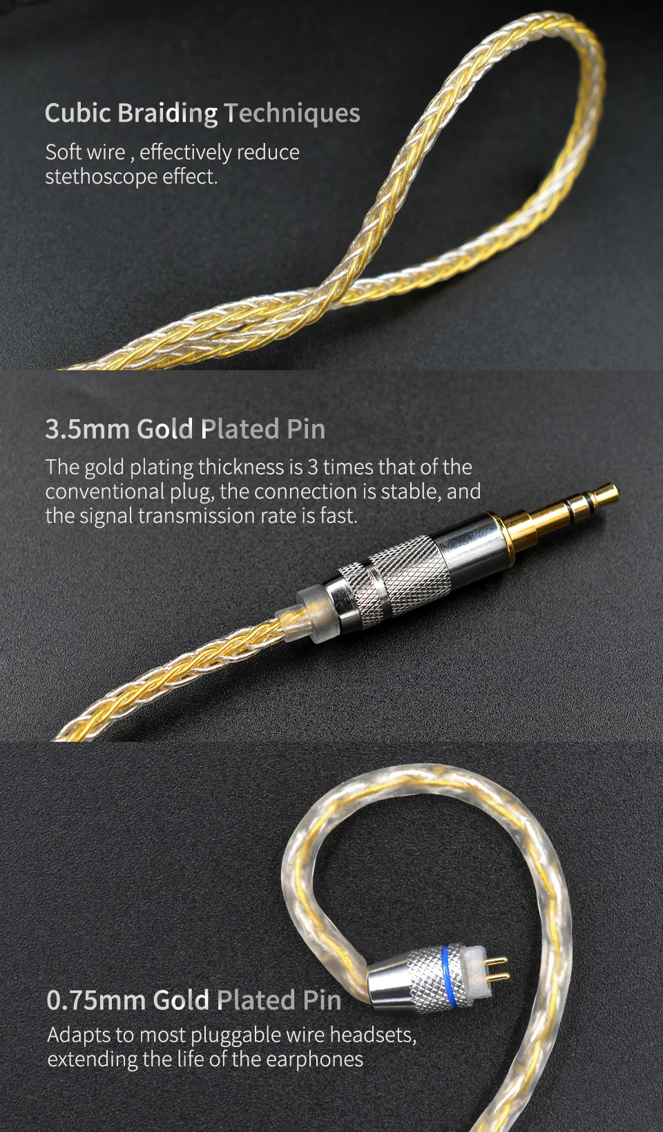 Наушники KZ Золото Серебро смешанные покрытые кабель обновления наушники провода для KB06 KB10 CCA C10 C16 ZS10 Pro As10 A10 Zsn Pro