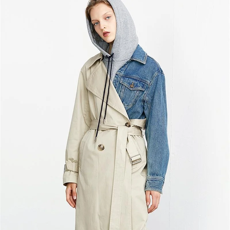 

European station 2019 early spring new foreign trade women's European and American fan belt lapels long section denim stitching