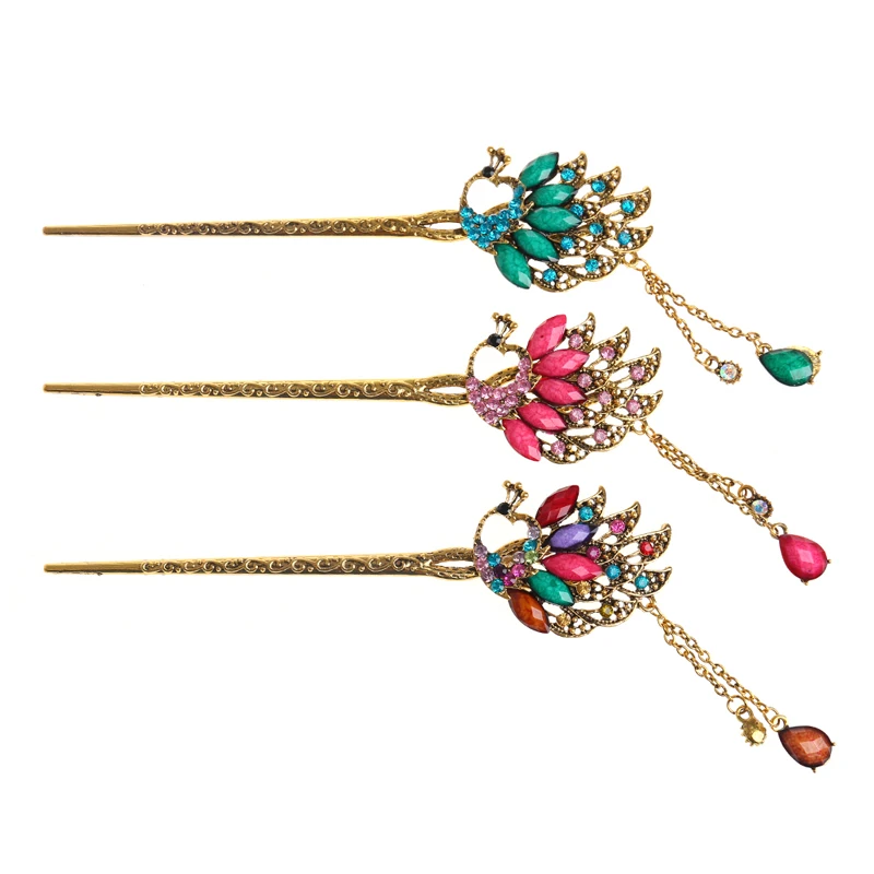 

Chinese Traditional Hairpin Classical Retro Elegant Hair Pin Colorful Rhinestone Hair Stick Hair Accessories Tiara haarspeld
