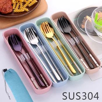 

5Pcs/Set Portable Stainless Steel Dinnerware Set With Box And Bag School Outdoor Picnic Tableware Cutlery Set Lunch Accessories